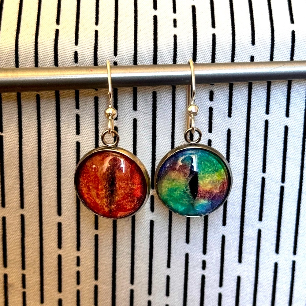 Colourful Mythical Creature Cat Eye Silver Earrings
